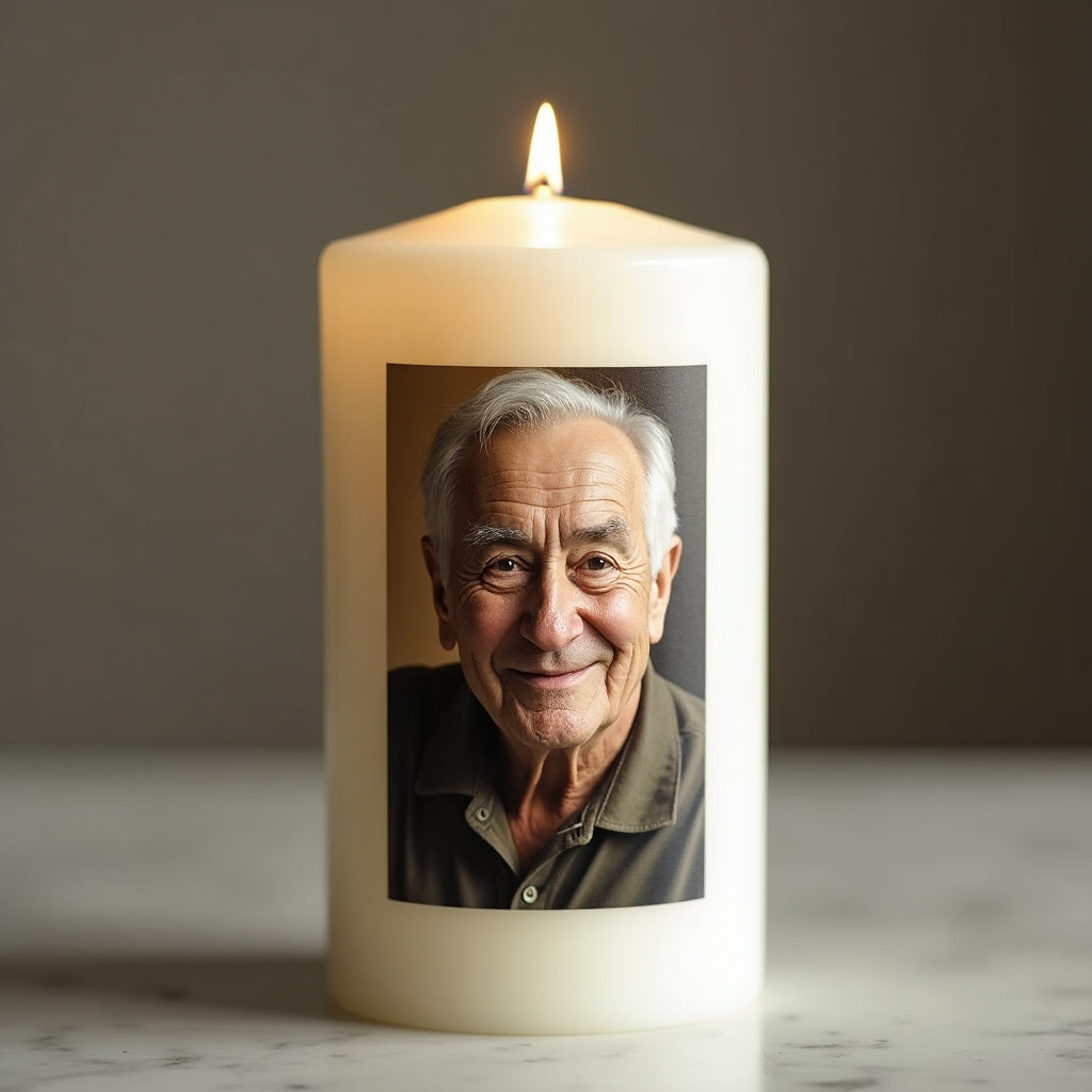 Personalisierte Trauerkerze mit Foto – stilvolles Gedenken mit langem Licht